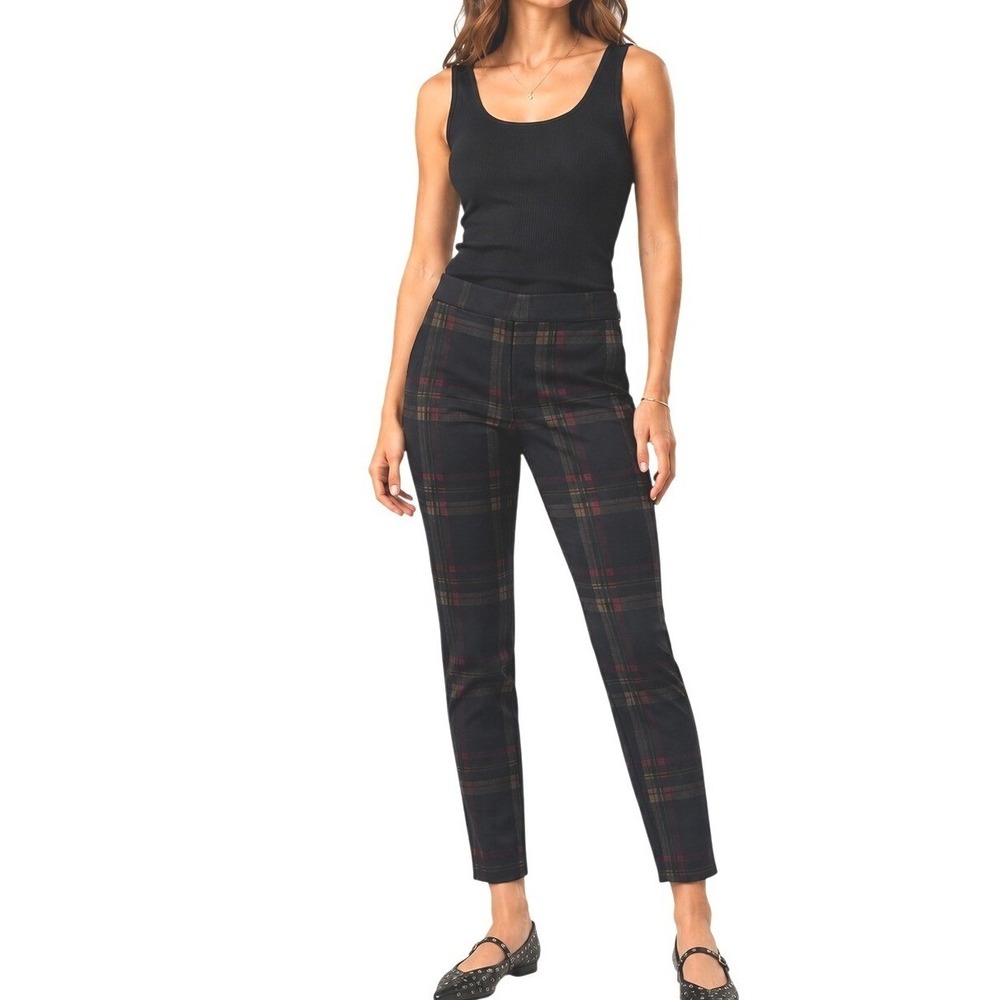 Max Studio Plaid Pull On Leggings Slim Fit Stretch Pants Black Red Size M